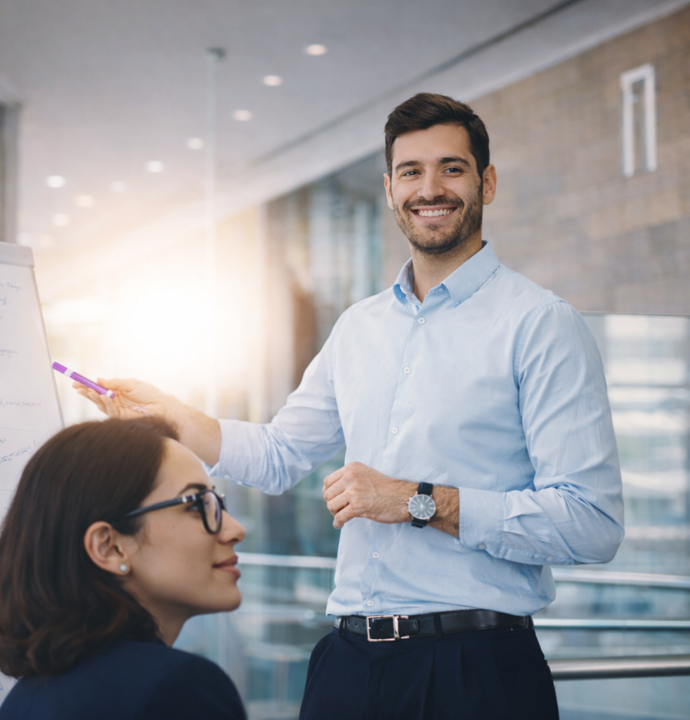 La vidéo comme levier de croissance professionnelle Homme souriant présentant des idées à une femme dans un bureau moderne.